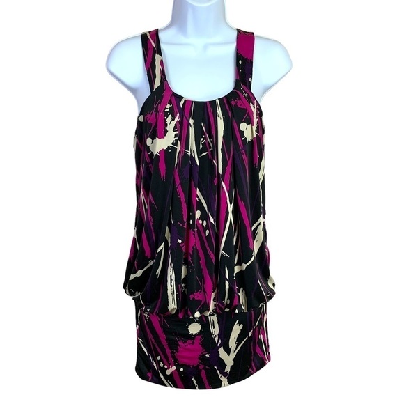 Small Black Pink Beige Paint Splatter Dress Sleeveless Stretch Party Cocktail - Picture 1 of 8